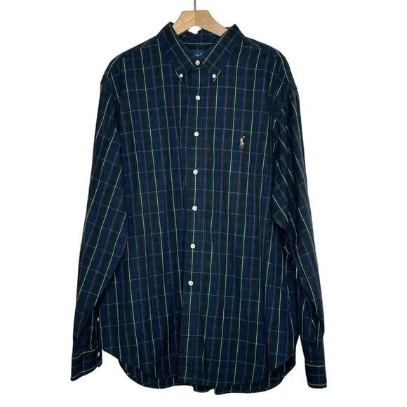Ralph Lauren button up shirt Classic Fit 18 36/37 Blue Tartan Plaid‎ Flesh Pony - Picture 1 of 8